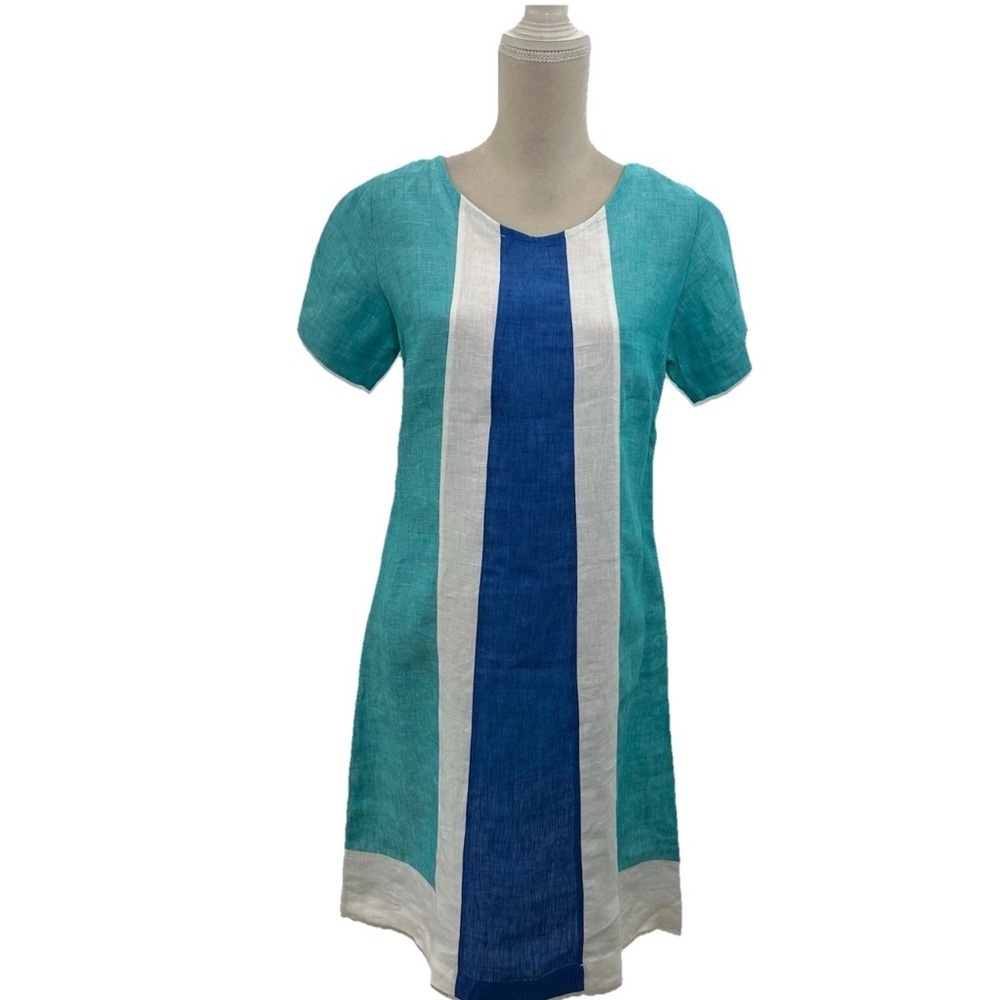Dea Positano Italy Linen Dress Size Small Turquoise Colorblock Short Sleeve NWOT